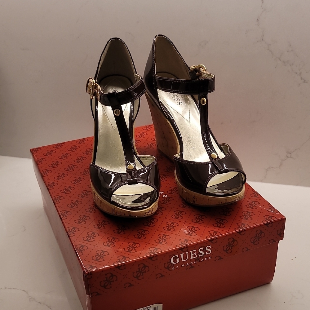 Guess Women's Shiny Brown Wedge Sandals WGMASON